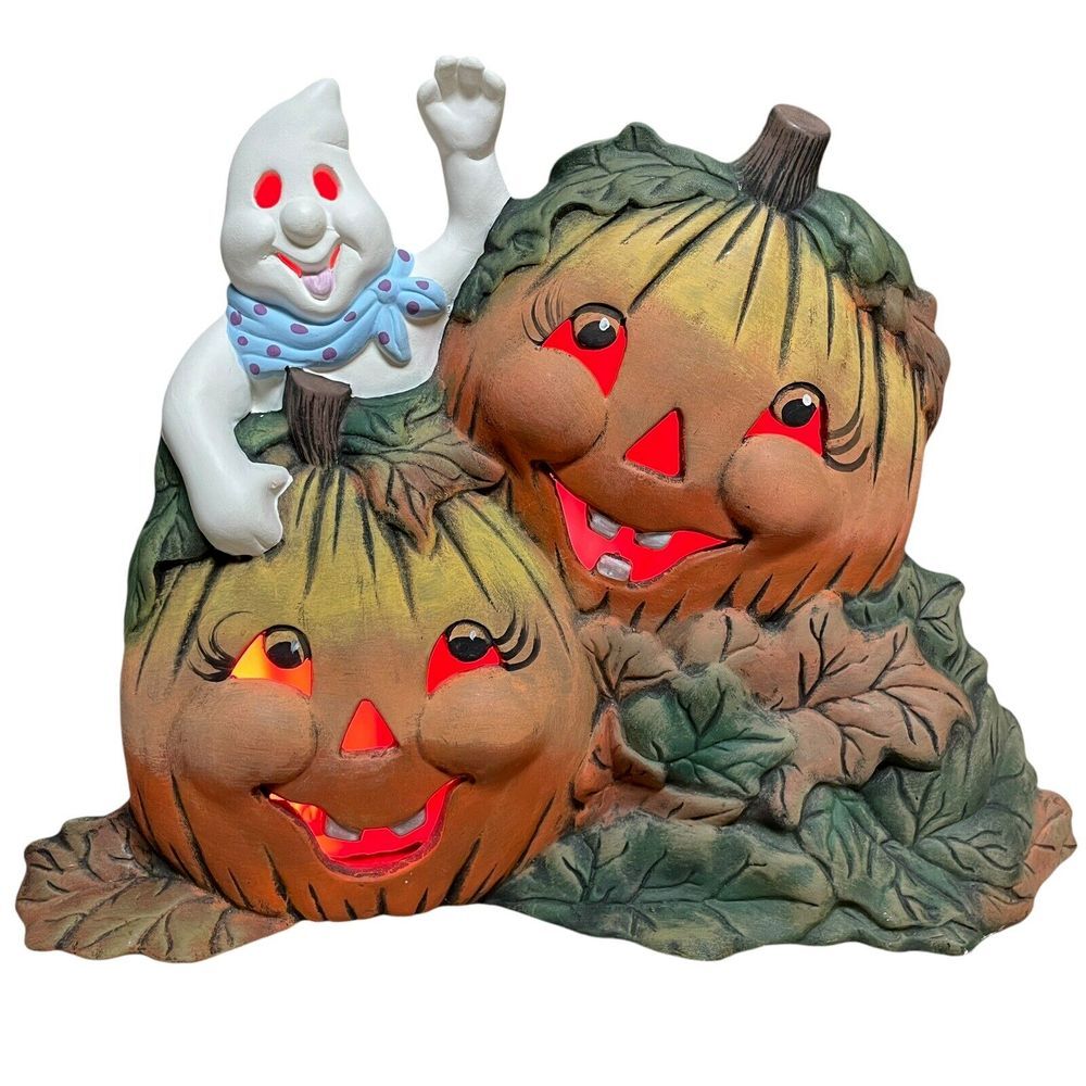 Vintage Lighted Ceramic Halloween Pumpkins and‎ Ghost Hand Painted Retro